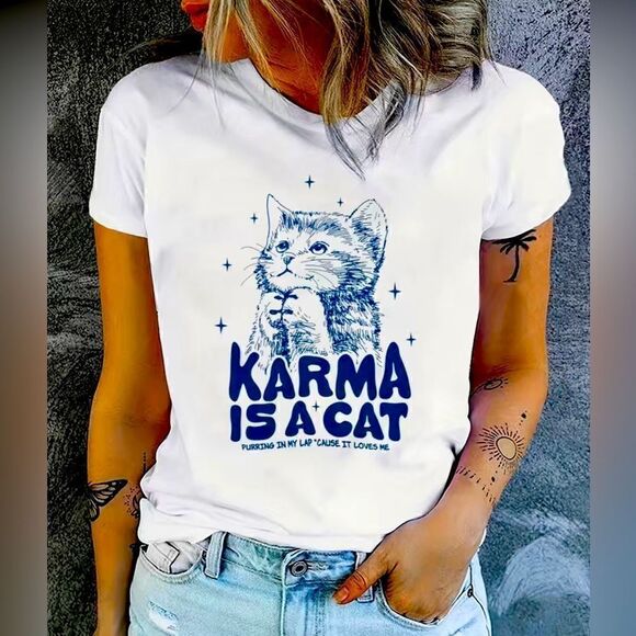 Cute “Karma is a Cat” Ladies white T-shirt - Picture 1 of 2